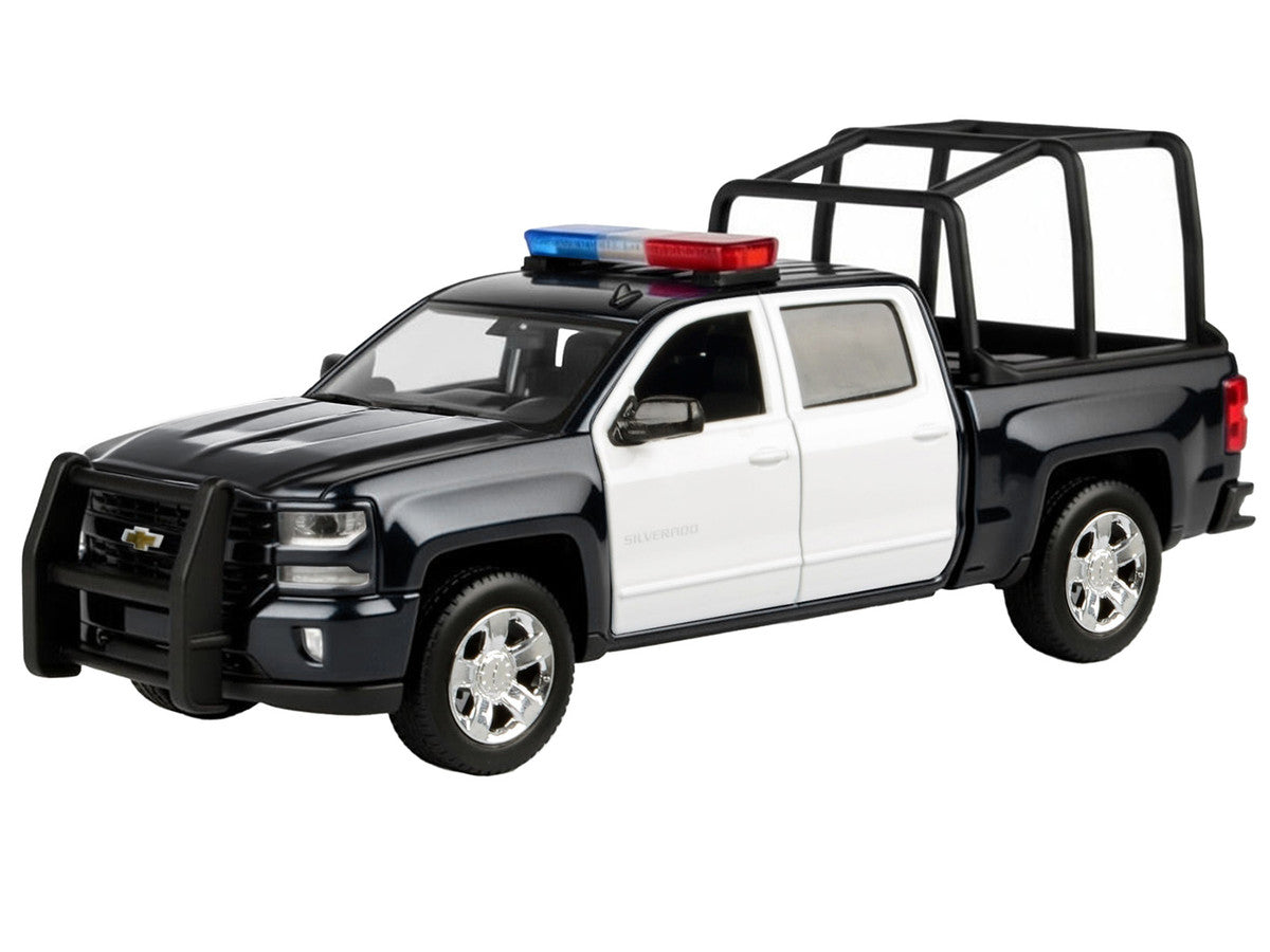 2017 Chevrolet Silverado 1500 LT Z71 Crew Cab Pickup Truck with Bed Cage Black and White with Flashing Light Bar and Front and Rear Lights and Sounds 1/24-1/27 Diecast Model Car by Motormax-1