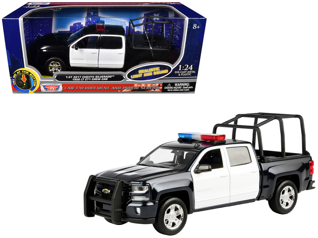 2017 Chevrolet Silverado 1500 LT Z71 Crew Cab Pickup Truck with Bed Cage Black and White with Flashing Light Bar and Front and Rear Lights and Sounds 1/24-1/27 Diecast Model Car by Motormax-0