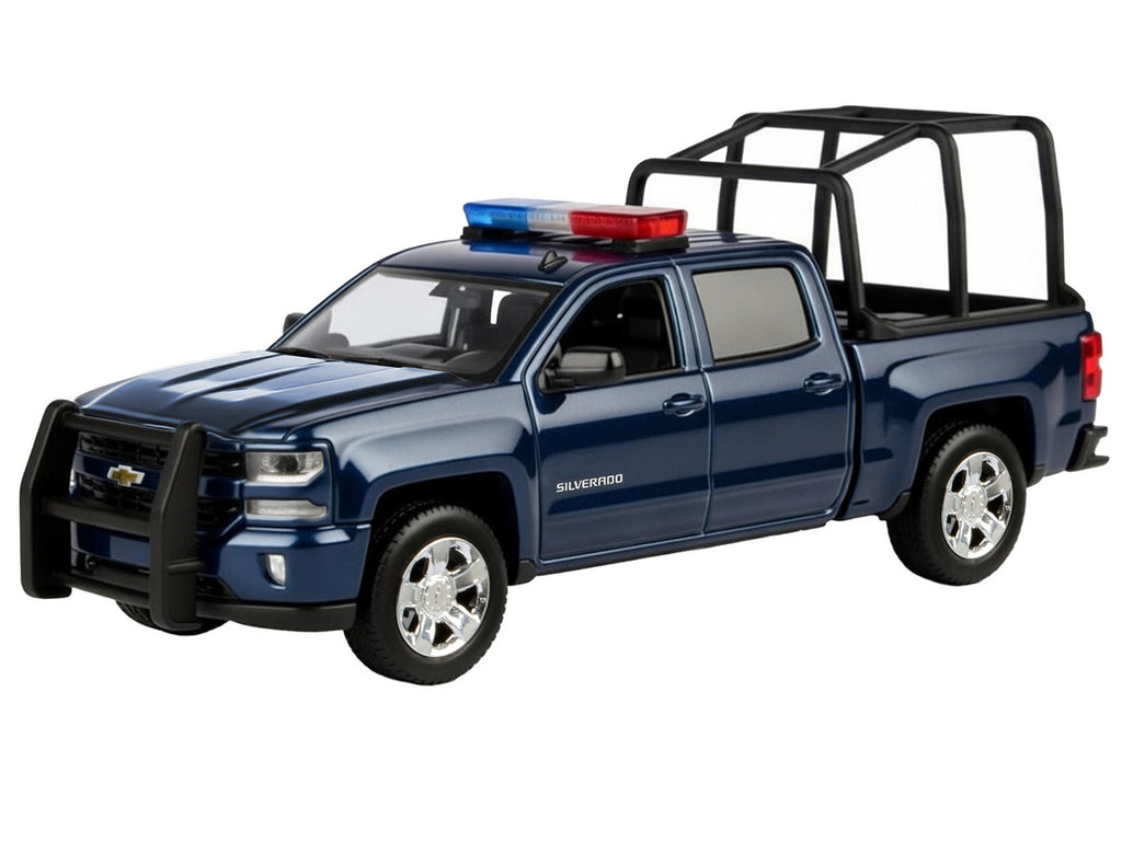 2017 Chevrolet Silverado 1500 LT Z71 Crew Cab Pickup Truck with Bed Cage Dark Blue with Flashing Light Bar and Front and Rear Lights and Sounds 1/24-1/27 Diecast Model Car by Motormax-1