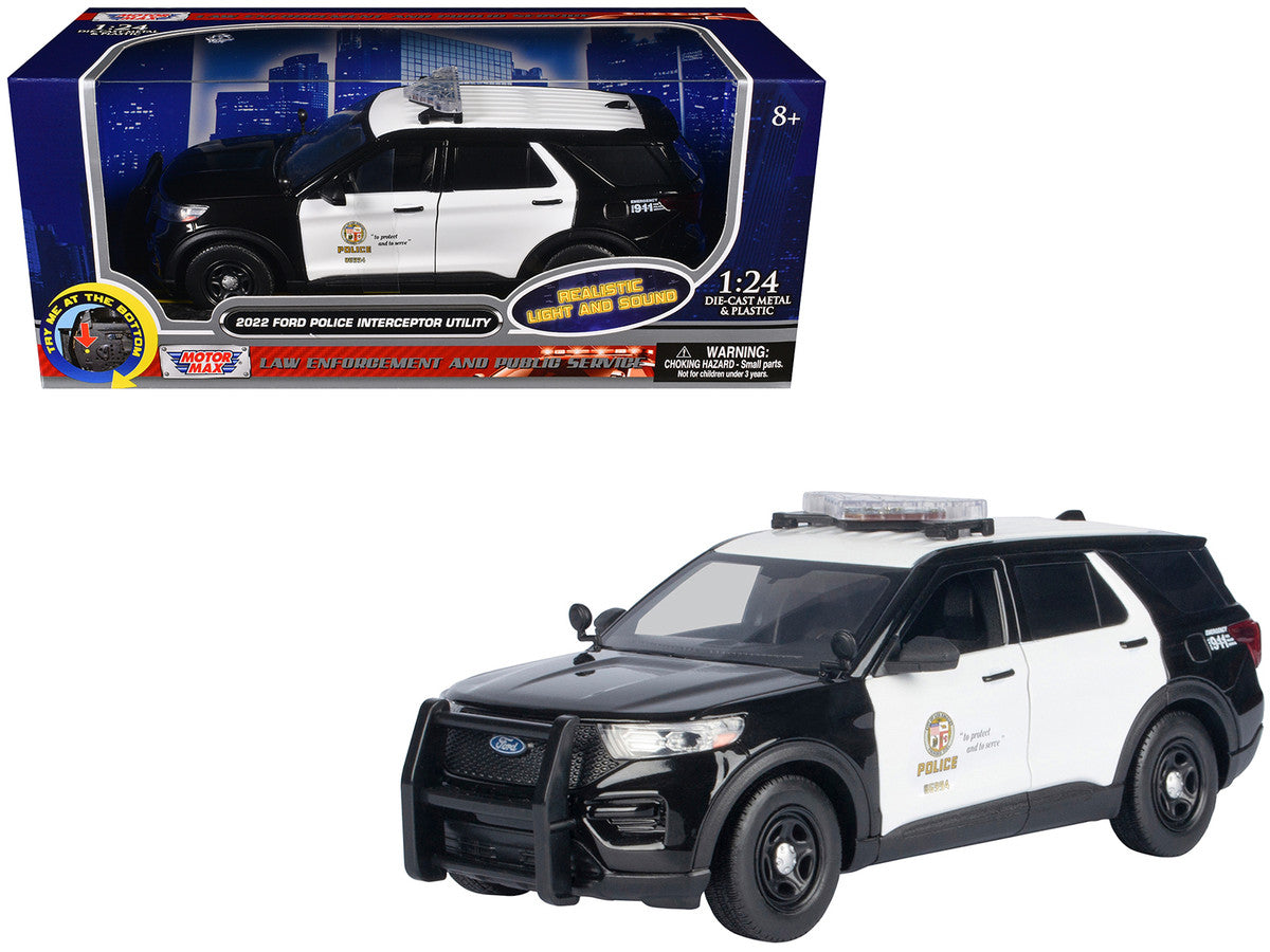 2022 Ford Police Interceptor Utility Black and White "Los Angeles Police Department (LAPD)" with Flashing Light Bar and Front and Rear Lights and Sounds 1/24 Diecast Model Car by Motormax-0