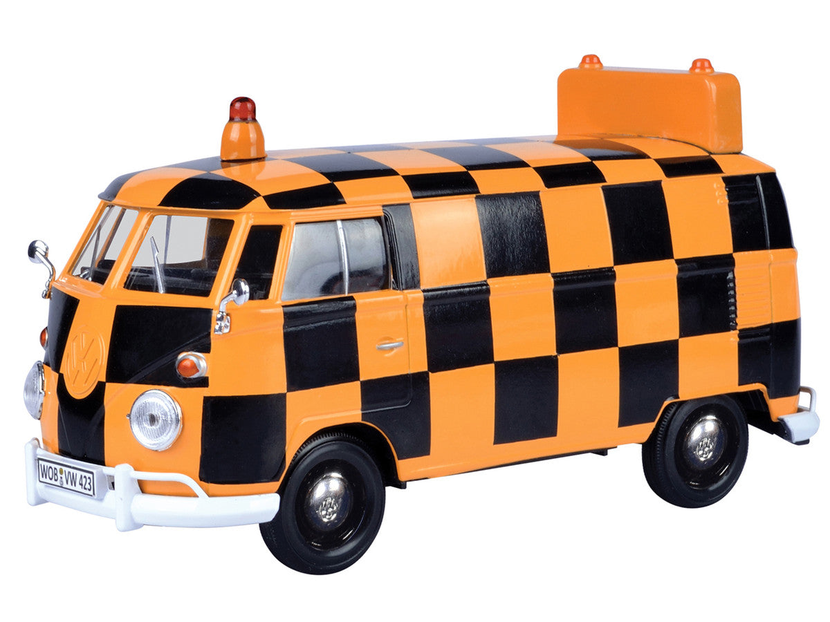 Volkswagen Type 2 (T1) Airport Runway Delivery Van Black and Orange Checkered 1/24 Diecast Model Car by Motormax-1