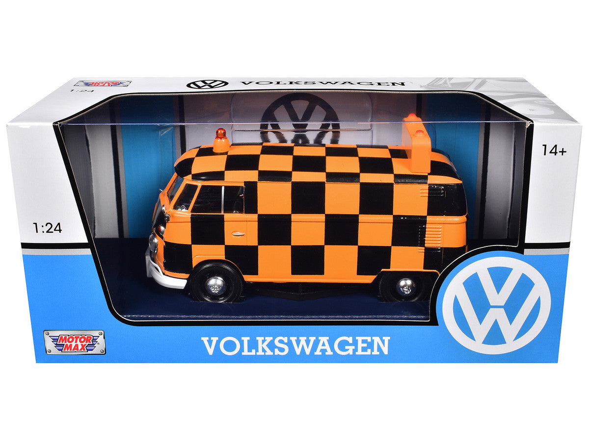 Volkswagen Type 2 (T1) Airport Runway Delivery Van Black and Orange Checkered 1/24 Diecast Model Car by Motormax-2