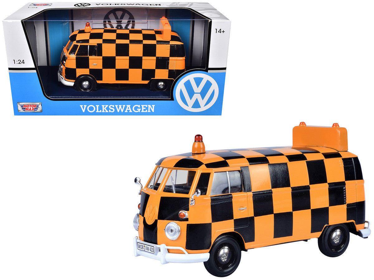 Volkswagen Type 2 (T1) Airport Runway Delivery Van Black and Orange Checkered 1/24 Diecast Model Car by Motormax-0