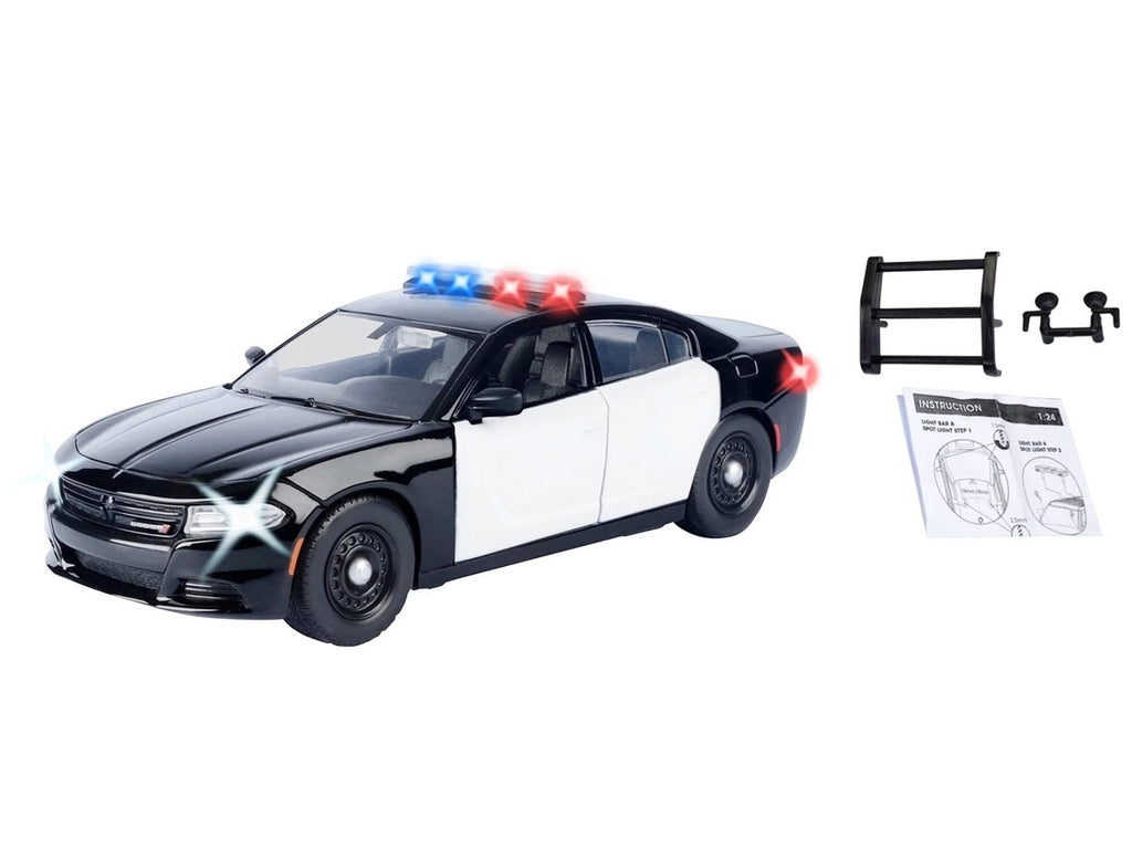 2023 Dodge Charger Pursuit Police Car Black and White with Flashing Light Bar Front and Rear Lights and 2 Sounds "Builder's Kit" 1/24 Diecast Model Car by Motormax-2