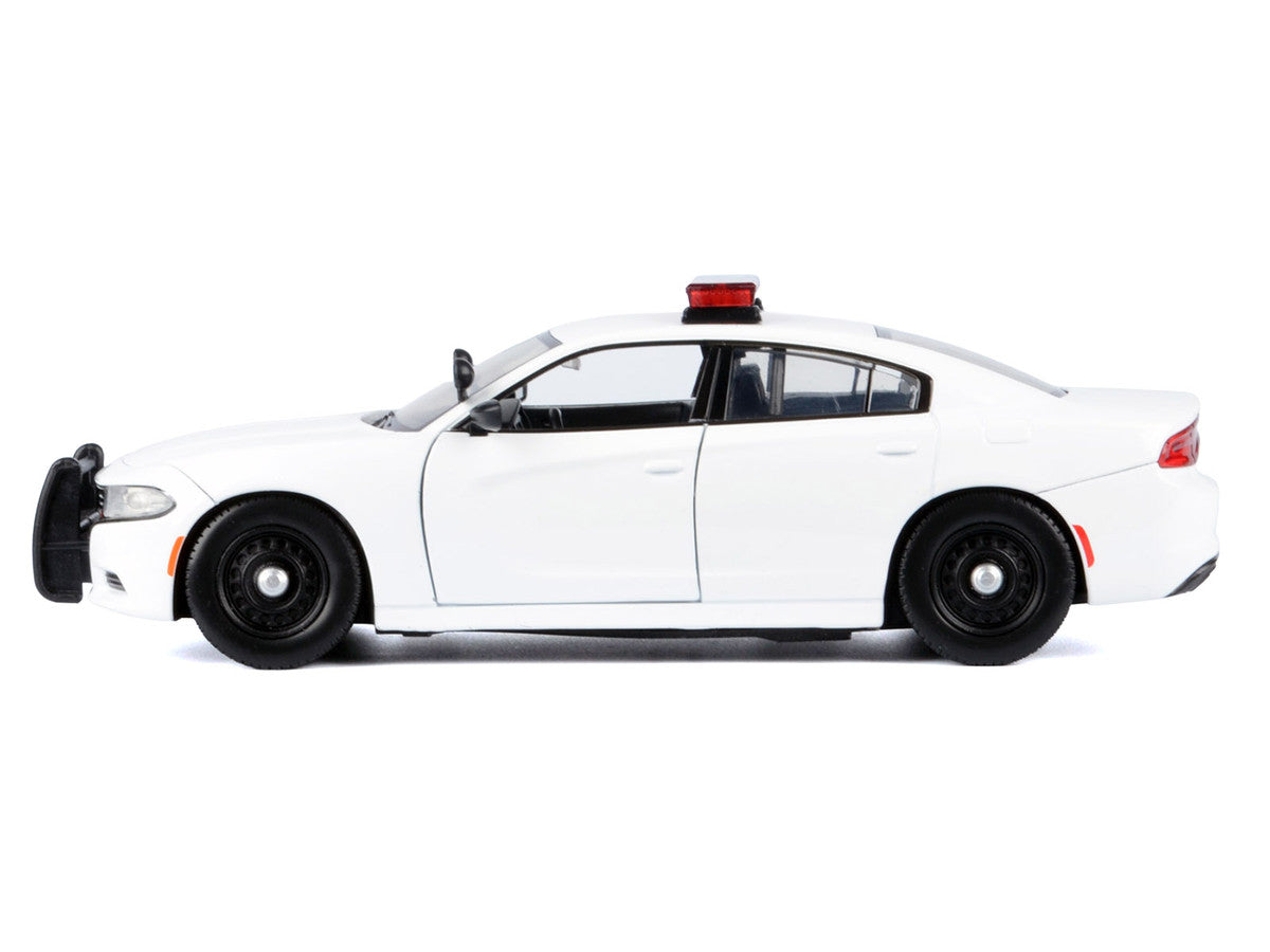 2023 Dodge Charger Pursuit Police Car Unmarked White with Flashing Light Bar Front and Rear Lights and 2 Sounds "Builder's Kit" 1/24 Diecast Model Car by Motormax-0
