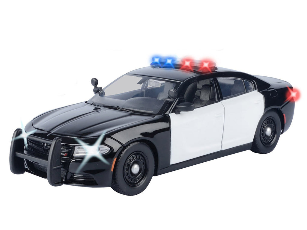 2023 Dodge Charger Pursuit Police Car Black and White with Flashing Light Bar Front and Rear Lights and 2 Sounds "Builder's Kit" 1/24 Diecast Model Car by Motormax-1