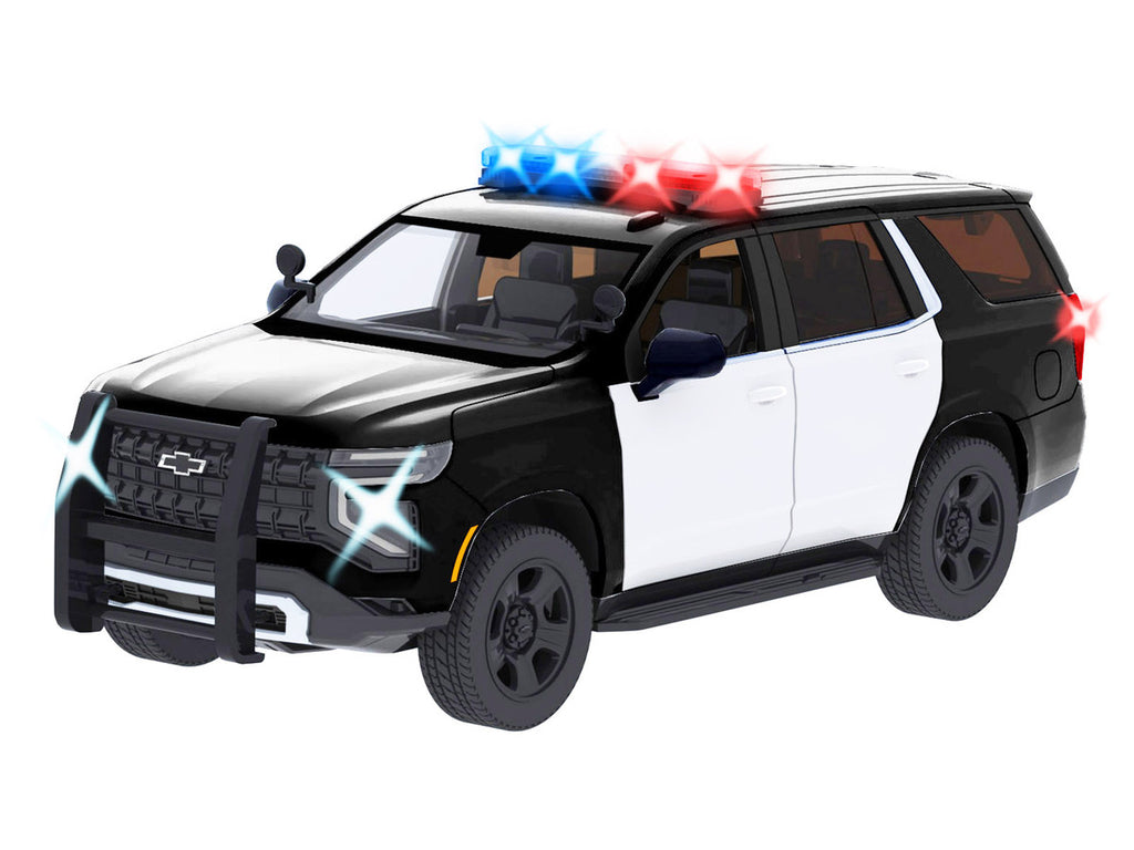 2025 Chevrolet Tahoe PPV Black and White "Builder's Kit" with Flashing Light Bar and Front and Rear Lights and Sounds 1/24 Diecast Model Car by Motormax-1