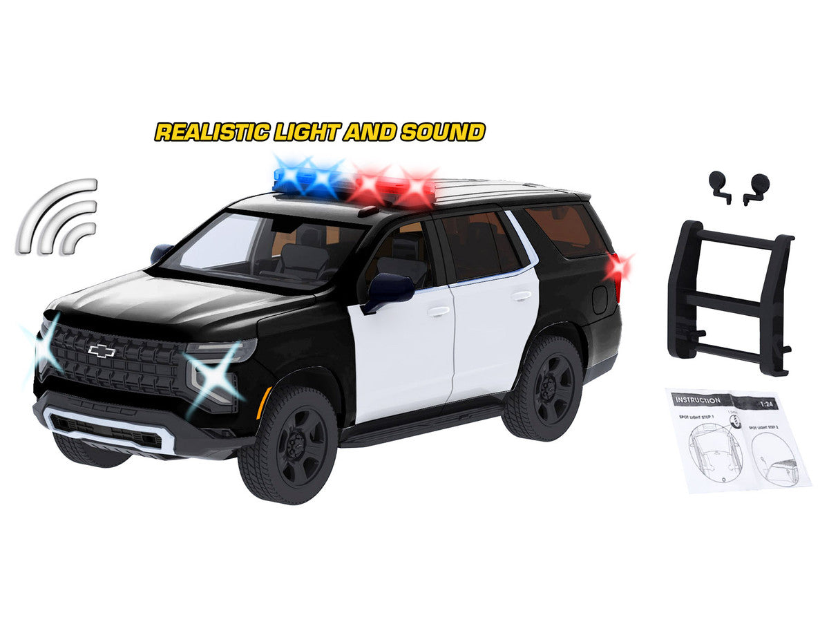 2025 Chevrolet Tahoe PPV Black and White "Builder's Kit" with Flashing Light Bar and Front and Rear Lights and Sounds 1/24 Diecast Model Car by Motormax-2