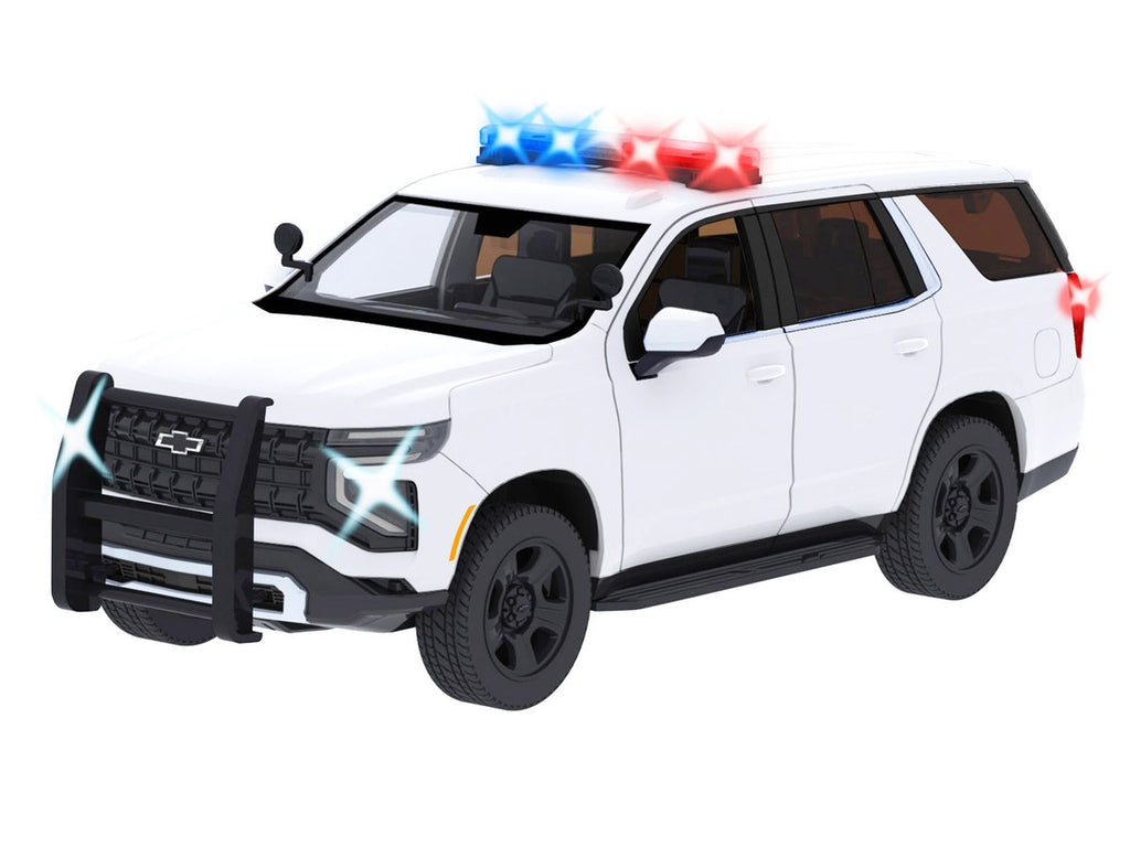 2025 Chevrolet Tahoe PPV White "Builder's Kit" with Flashing Light Bar and Front and Rear Lights and Sounds 1/24 Diecast Model Car by Motormax-1