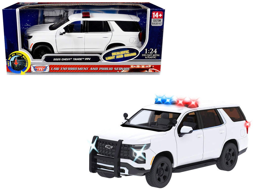 2025 Chevrolet Tahoe PPV White "Builder's Kit" with Flashing Light Bar and Front and Rear Lights and Sounds 1/24 Diecast Model Car by Motormax-0