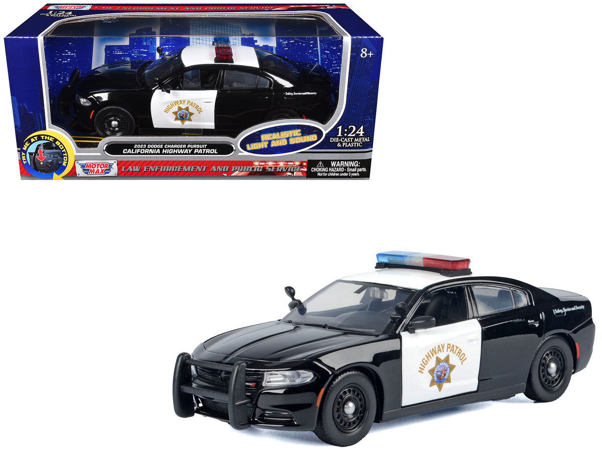 2023 Dodge Charger Pursuit Police Car "California Highway Patrol (CHP)" Black and White with Flashing Light Bar and Front and Rear Lights and Sounds 1/24 Diecast Model Car by Motormax-4
