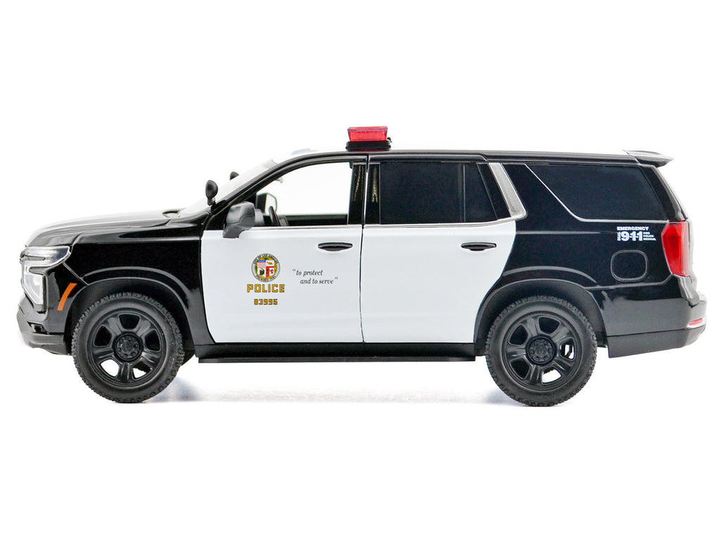 2025 Chevrolet Tahoe PPV "LAPD (Los Angeles Police Department)" Black and White with Flashing Light Bar and Front and Rear Lights and Sounds 1/24 Diecast Model Car by Motormax-1