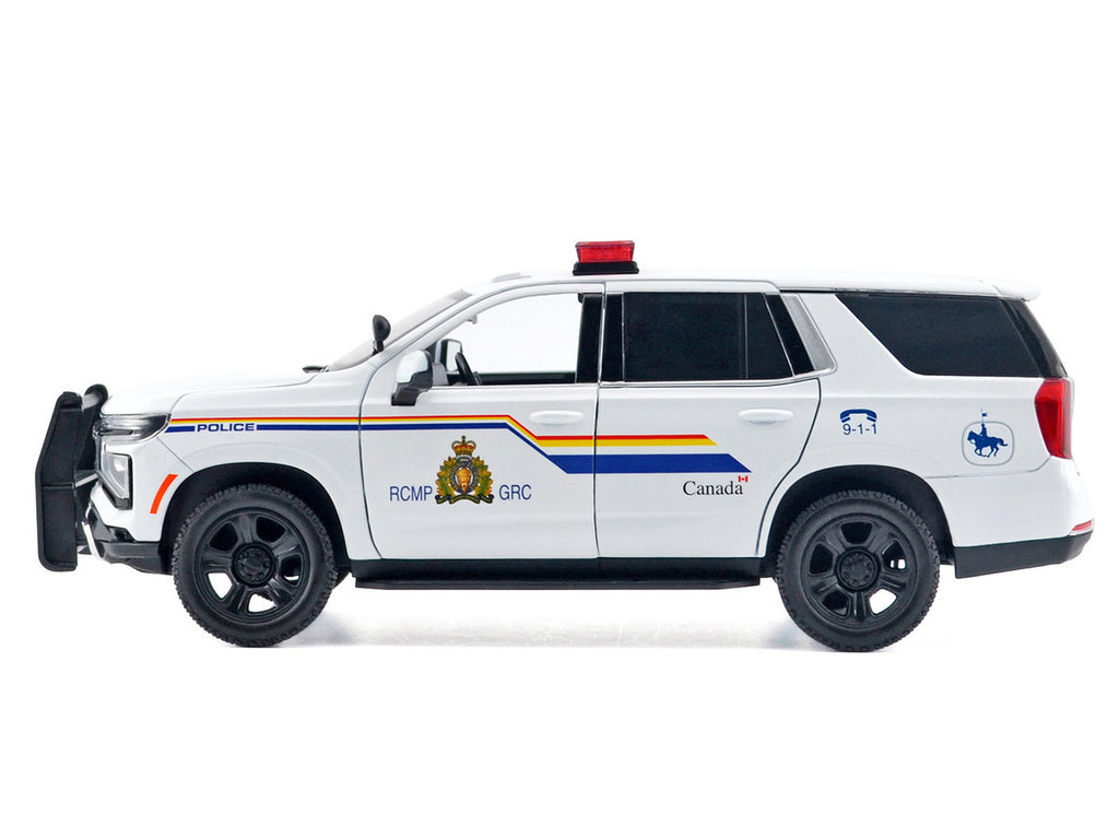 2025 Chevrolet Tahoe PPV "RCMP (Royal Canadian Mounted Police)" White with Stripes with Flashing Light Bar and Front and Rear Lights and Sounds 1/24 Diecast Model Car by Motormax-1