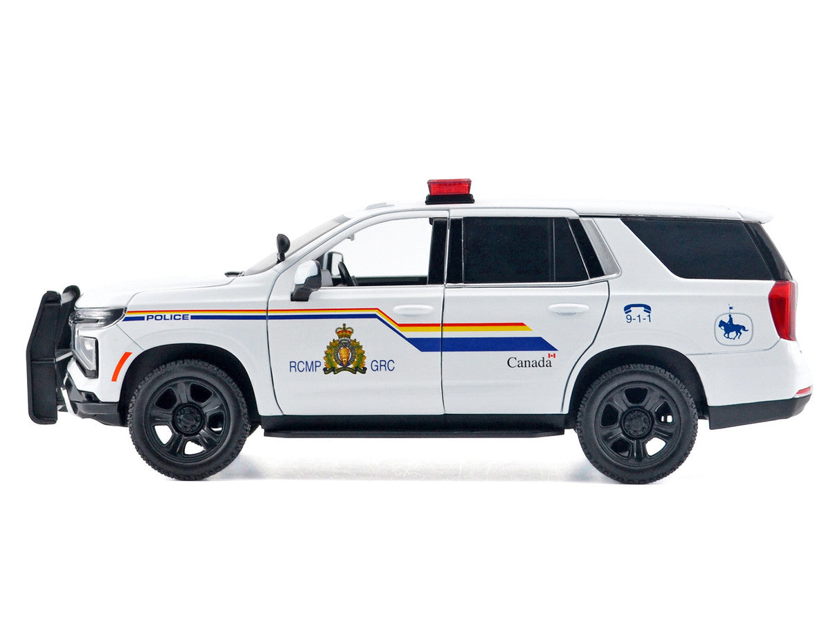 2025 Chevrolet Tahoe PPV "RCMP (Royal Canadian Mounted Police)" White with Stripes with Flashing Light Bar and Front and Rear Lights and Sounds 1/24 Diecast Model Car by Motormax-1