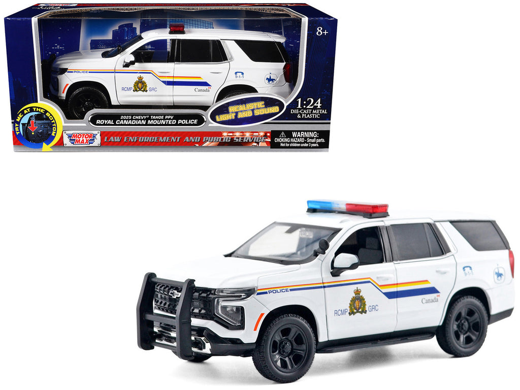 2025 Chevrolet Tahoe PPV "RCMP (Royal Canadian Mounted Police)" White with Stripes with Flashing Light Bar and Front and Rear Lights and Sounds 1/24 Diecast Model Car by Motormax-0