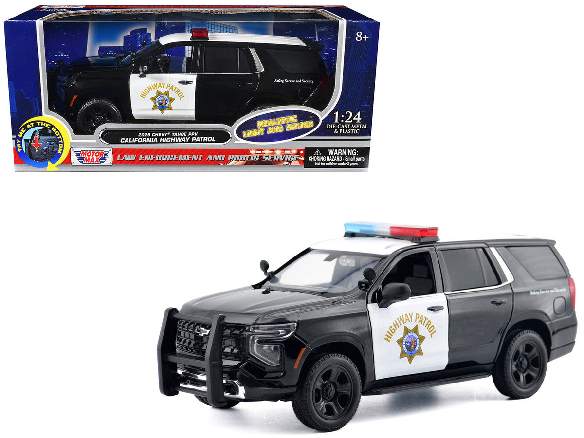 2025 Chevrolet Tahoe PPV "CHP (California Highway Patrol)" Black and White with Flashing Light Bar and Front and Rear Lights and Sounds 1/24 Diecast Model Car by Motormax-4