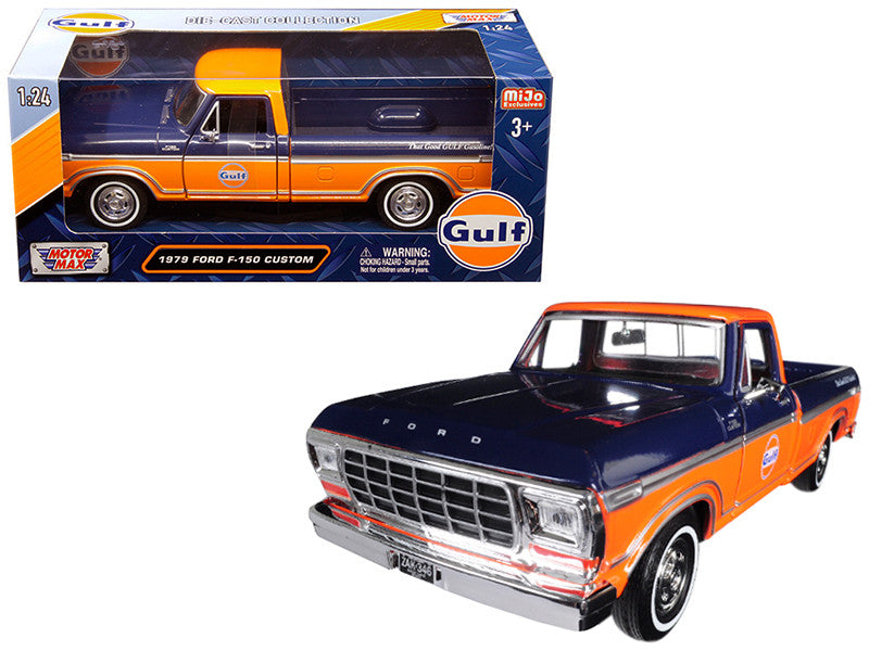 1979 Ford F-150 Custom Pickup Truck "Gulf" Dark Blue and Orange 1/24 Diecast Model Car by Motormax-0