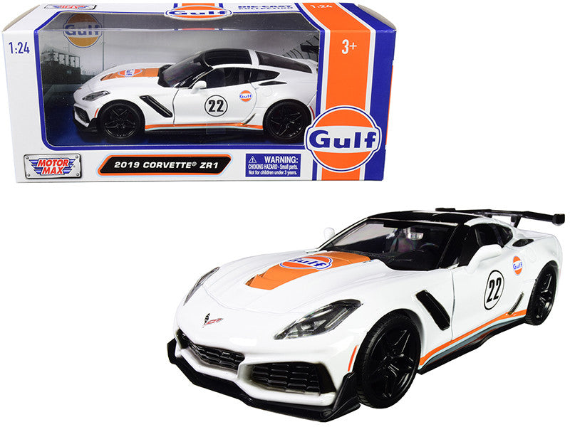 2019 Chevrolet Corvette ZR1 #22 "Gulf Oil" White with Orange Stripes and Black Top 1/24 Diecast Model Car by Motormax-0