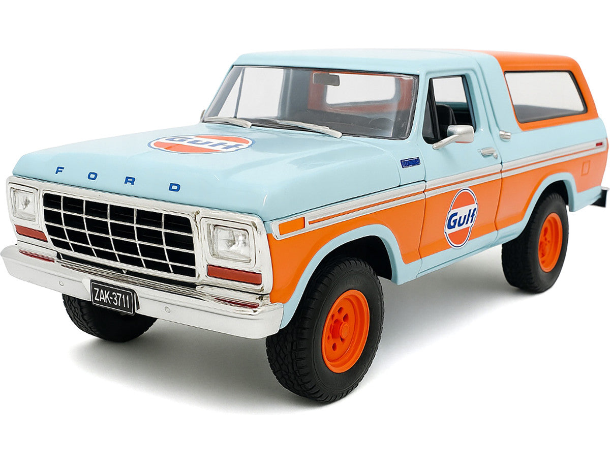 1978 Ford Bronco Light Blue and Orange "Gulf Oil" "Gulf Die-Cast Collection" 1/24 Diecast Model Car by Motormax-0