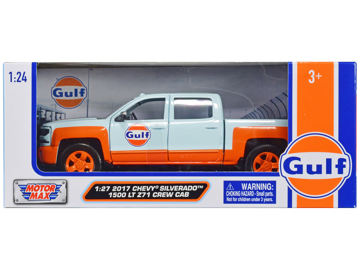 2017 Chevrolet Silverado 1500 LT Z71 Crew Cab Pickup Truck Light Blue with Orange Stripes "Gulf Oil" "Gulf Die-Cast Collection" 1/24-1/27 Diecast Model Car by Motormax-0