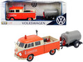Volkswagen Type 2 (T1) Pickup Truck Orange and Cream with Oil Trailer "Road Service" 1/24 Diecast Model Car by Motormax-0