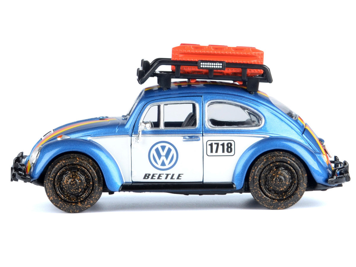 1966 Volkswagen Beetle Off Road #1718 Blue Metallic and White with German Flag Stripes and Roof Rack Accessories 1/24 Diecast Model Car by Motormax-1