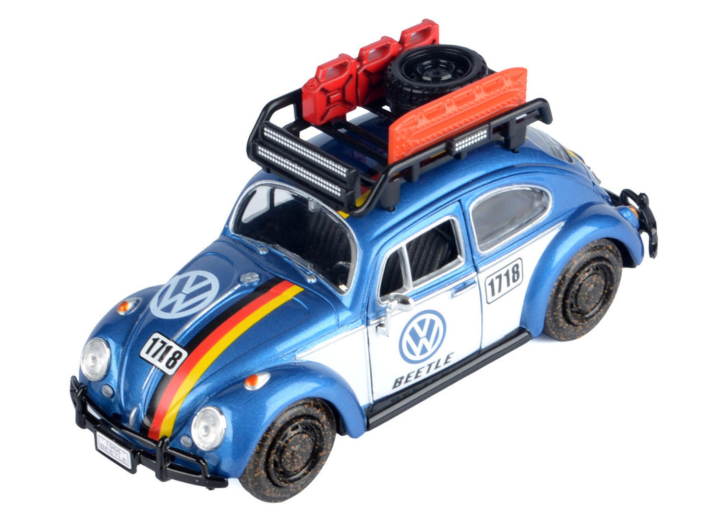 1966 Volkswagen Beetle Off Road #1718 Blue Metallic and White with German Flag Stripes and Roof Rack Accessories 1/24 Diecast Model Car by Motormax-4