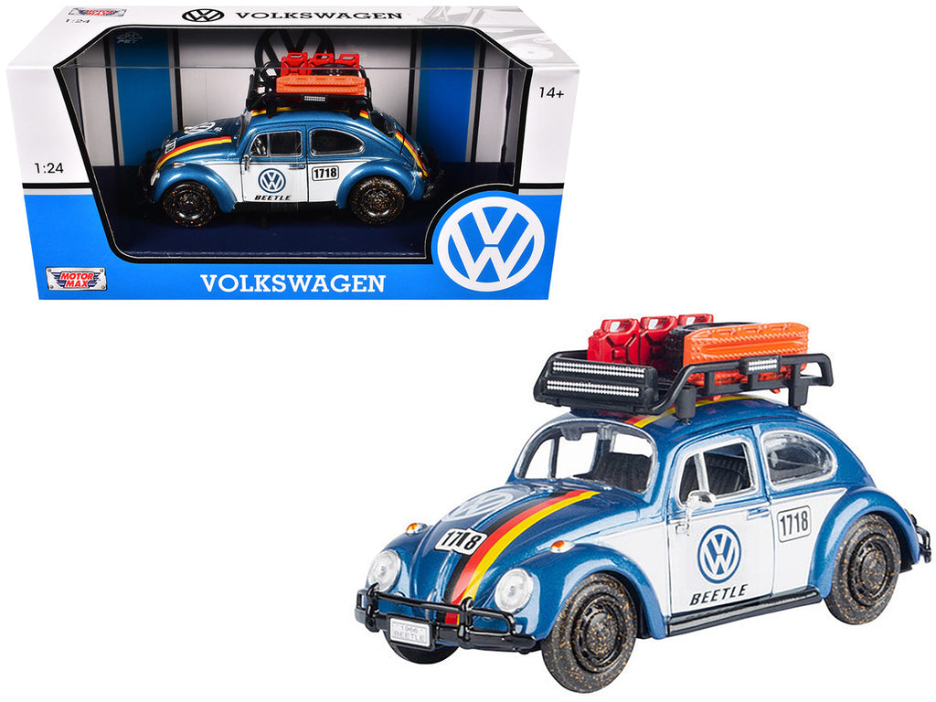 1966 Volkswagen Beetle Off Road #1718 Blue Metallic and White with German Flag Stripes and Roof Rack Accessories 1/24 Diecast Model Car by Motormax-0