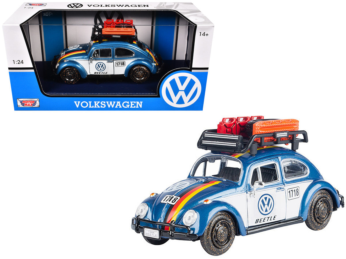 1966 Volkswagen Beetle Off Road #1718 Blue Metallic and White with German Flag Stripes and Roof Rack Accessories 1/24 Diecast Model Car by Motormax-0