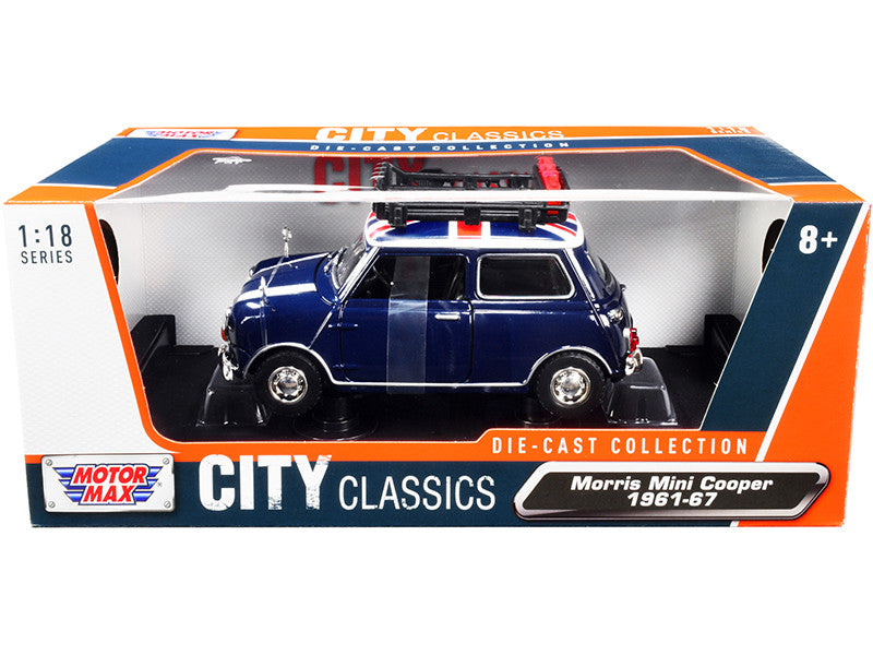 1961-1967 Morris Mini Cooper RHD (Right Hand Drive) Dark Blue with British Flag on the Top and Roof Rack "City Classics" Series 1/18 Diecast Model Car by Motormax-2