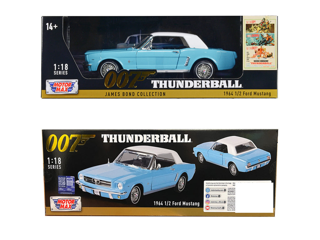 1964 1/2 Ford Mustang Light Blue with White Top James Bond 007 "Thunderball" (1965) Movie "James Bond Collection" Series 1/18 Diecast Model Car by Motormax-1