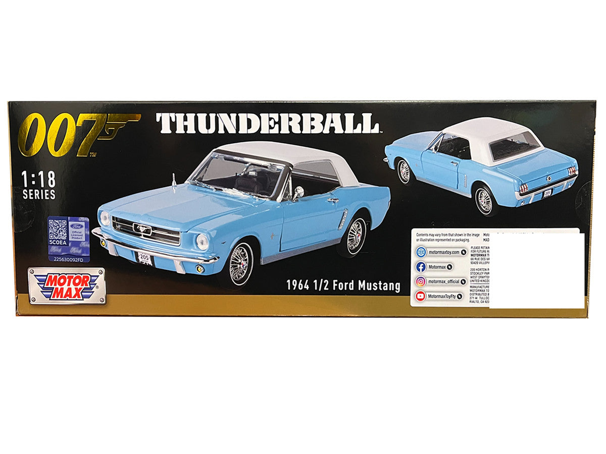 1964 1/2 Ford Mustang Light Blue with White Top James Bond 007 "Thunderball" (1965) Movie "James Bond Collection" Series 1/18 Diecast Model Car by Motormax-0