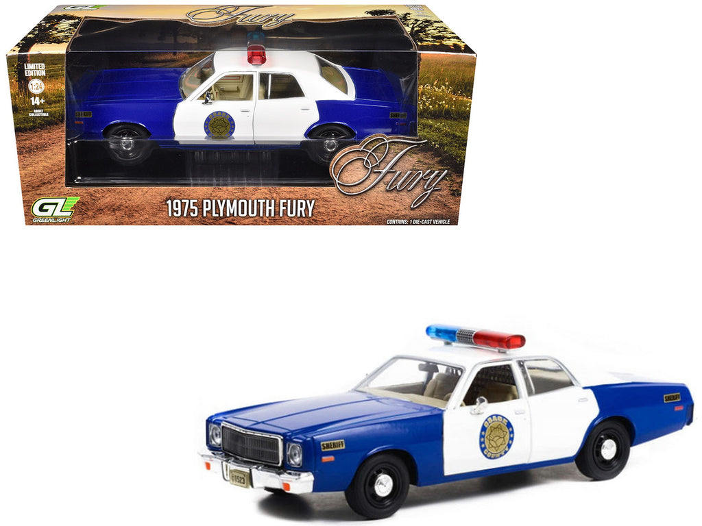 1975 Plymouth Fury "Osage County Sheriff" Blue and White 1/24 Diecast Model Car by Greenlight-2