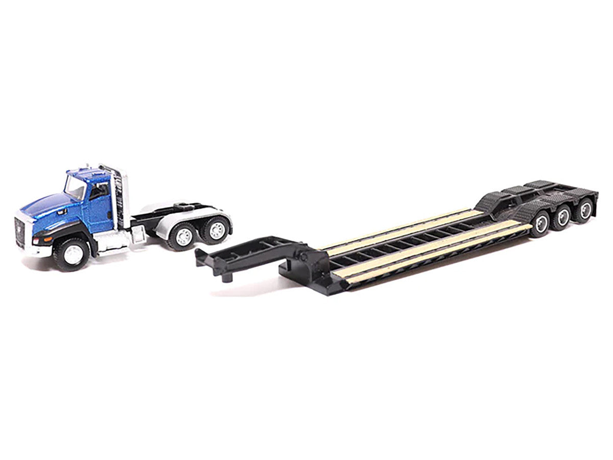 CAT Caterpillar CT660 Day Cab Tractor Blue Metallic with Lowboy Trailer and CAT 315C L Hydraulic Excavator Yellow 1/87 (HO) Diecast Model by Diecast Masters-1