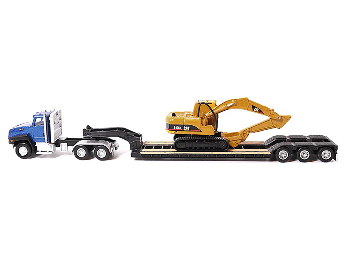 CAT Caterpillar CT660 Day Cab Tractor Blue Metallic with Lowboy Trailer and CAT 315C L Hydraulic Excavator Yellow 1/87 (HO) Diecast Model by Diecast Masters-2