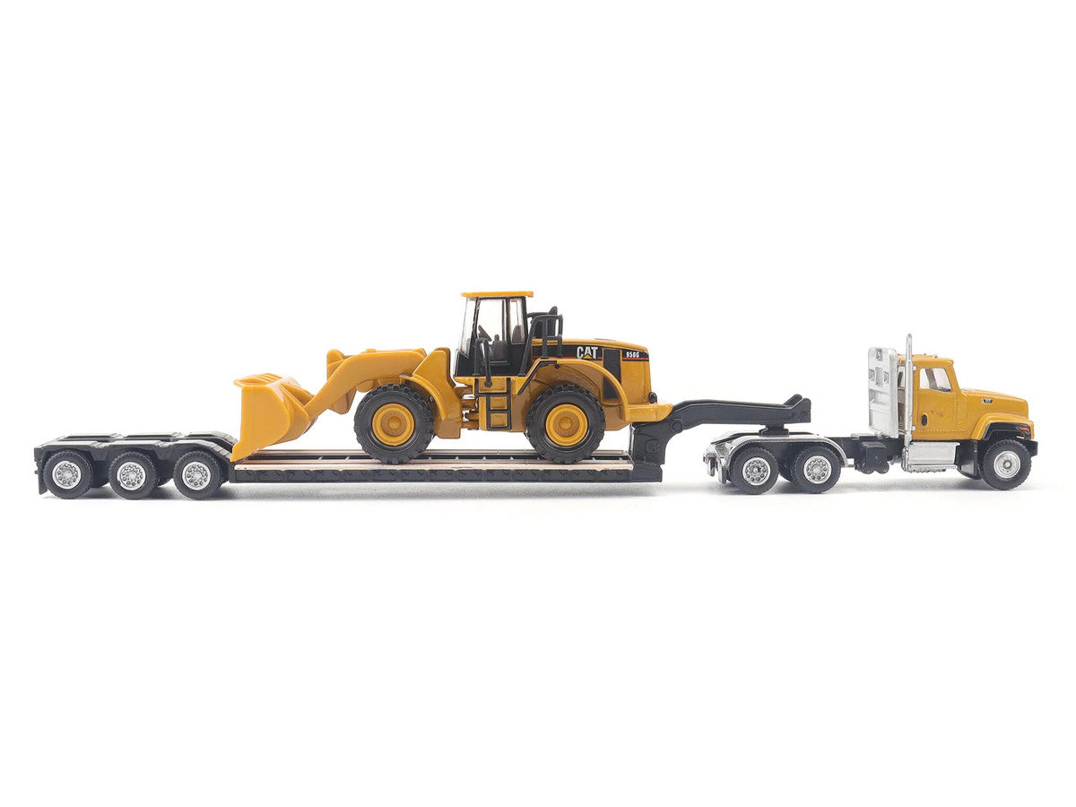 CAT Caterpillar CT681 Day Cab Tractor Yellow with Lowboy Trailer and CAT 950G Wheel Loader Yellow 1/87 (HO) Diecast Model by Diecast Masters-0