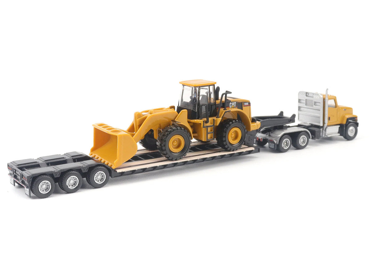 CAT Caterpillar CT681 Day Cab Tractor Yellow with Lowboy Trailer and CAT 950G Wheel Loader Yellow 1/87 (HO) Diecast Model by Diecast Masters-1
