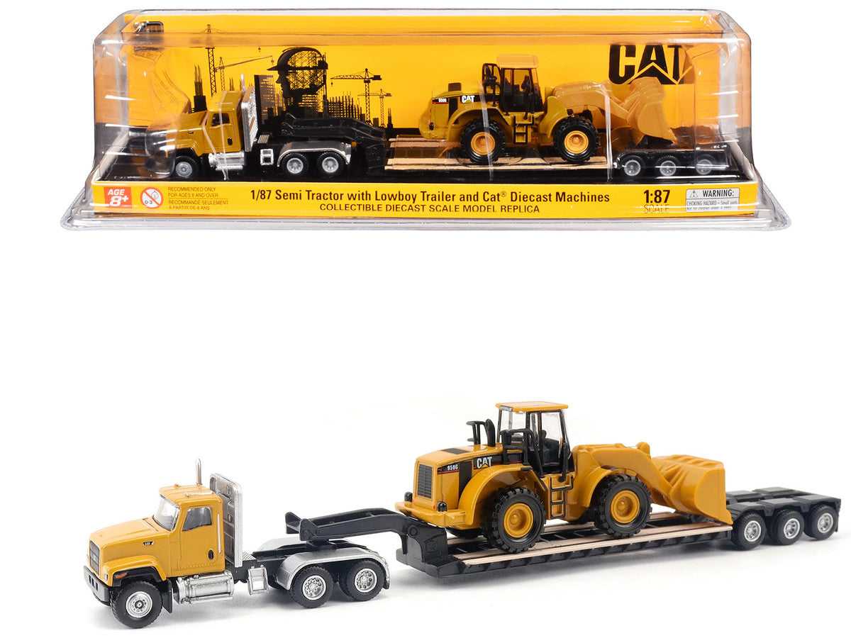 CAT Caterpillar CT681 Day Cab Tractor Yellow with Lowboy Trailer and CAT 950G Wheel Loader Yellow 1/87 (HO) Diecast Model by Diecast Masters-2