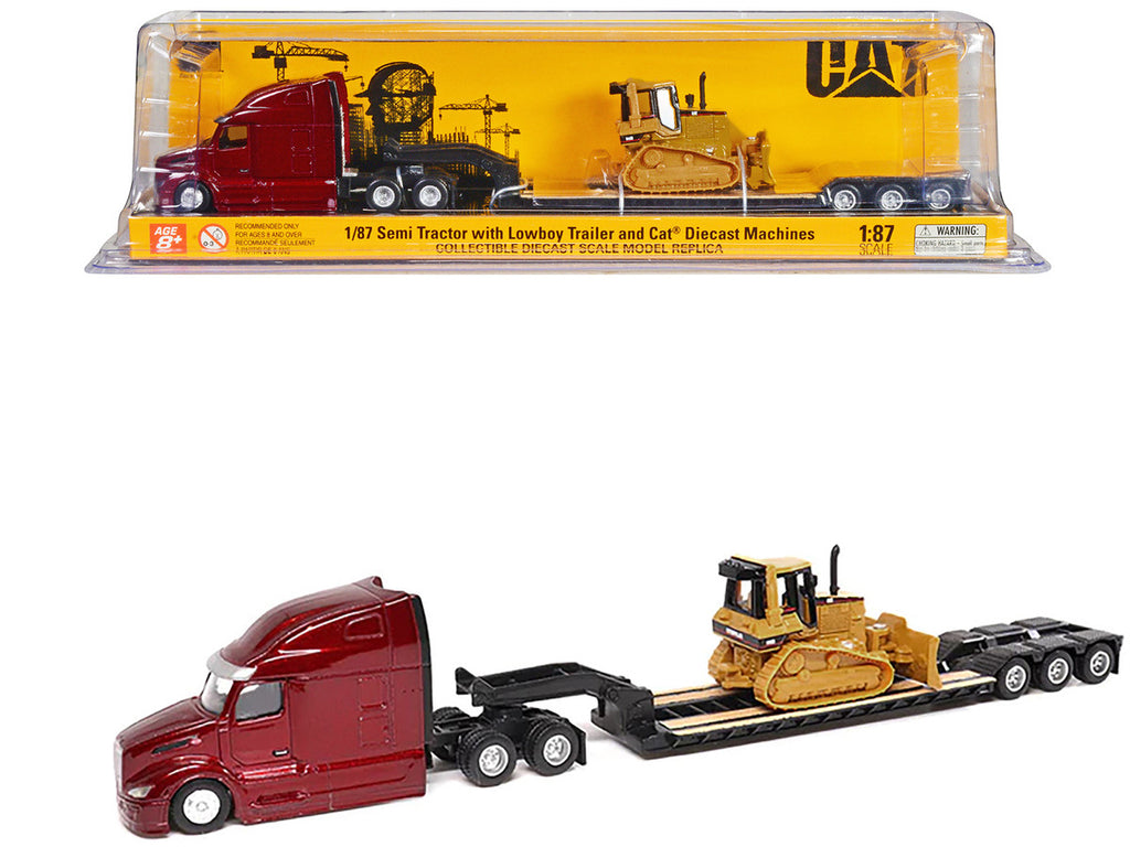 Peterbilt 579 UltraLoft Tandem Tractor Red Metallic with Lowboy Trailer and CAT D5M Dozer Yellow 1/87 (HO) Diecast Model by Diecast Masters-0