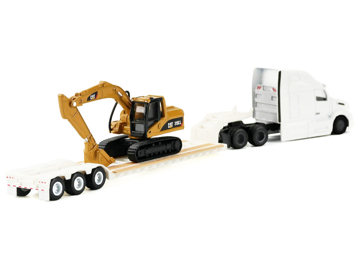 Peterbilt 579 Tractor White with Lowboy Trailer and CAT 315C Excavator Yellow 1/87 (HO) Diecast Model by Diecast Masters-1