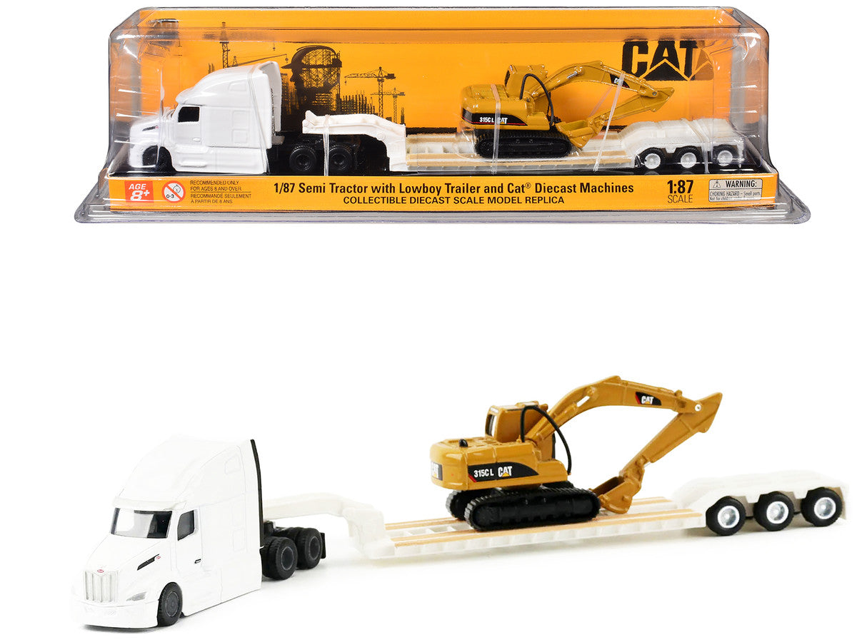 Peterbilt 579 Tractor White with Lowboy Trailer and CAT 315C Excavator Yellow 1/87 (HO) Diecast Model by Diecast Masters-2