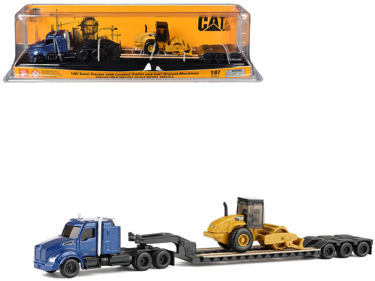 Kenworth T880 Tractor Blue Metallic with Lowboy Trailer and CAT Padfoot Roller Yellow 1/87 (HO) Diecast Model by Diecast Masters-4