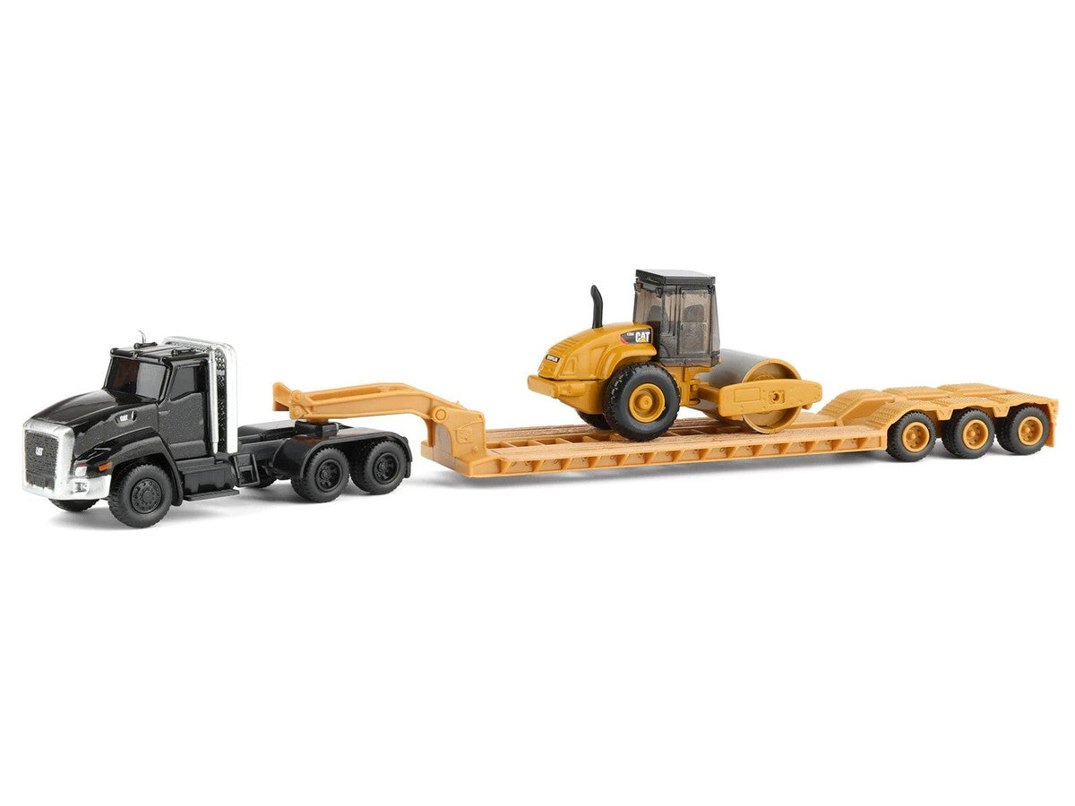 Kenworth T880 Tractor Black with Lowboy Trailer and CAT Roller Yellow 1/87 (HO) Diecast Model by Diecast Masters-1