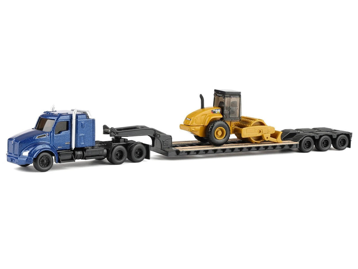 Kenworth T880 Tractor Blue Metallic with Lowboy Trailer and CAT Padfoot Roller Yellow 1/87 (HO) Diecast Model by Diecast Masters-3