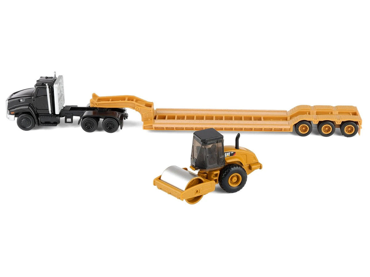 Kenworth T880 Tractor Black with Lowboy Trailer and CAT Roller Yellow 1/87 (HO) Diecast Model by Diecast Masters-2