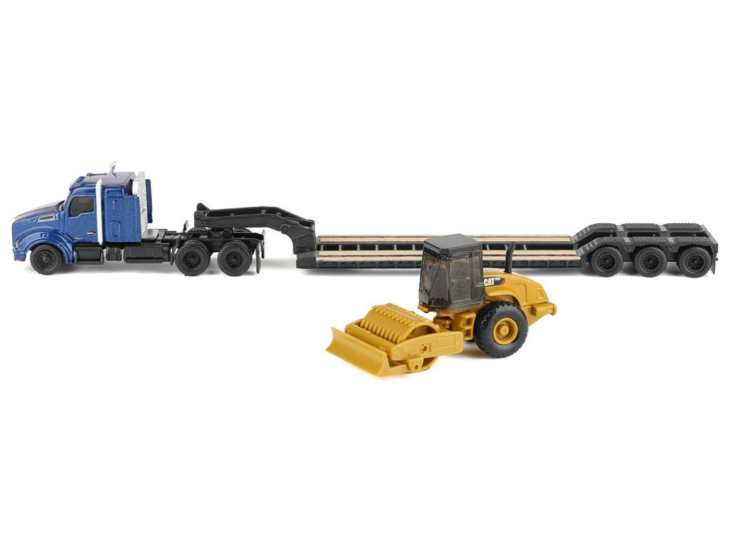 Kenworth T880 Tractor Blue Metallic with Lowboy Trailer and CAT Padfoot Roller Yellow 1/87 (HO) Diecast Model by Diecast Masters-0