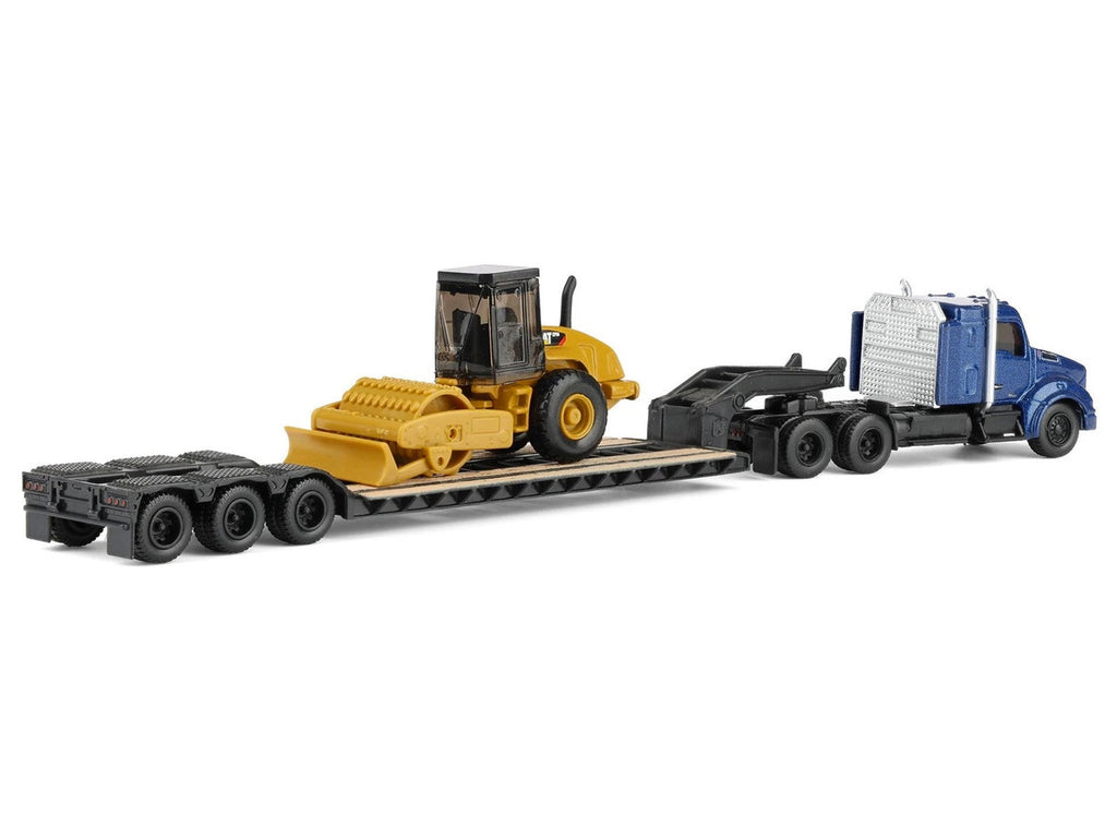 Kenworth T880 Tractor Blue Metallic with Lowboy Trailer and CAT Padfoot Roller Yellow 1/87 (HO) Diecast Model by Diecast Masters-2