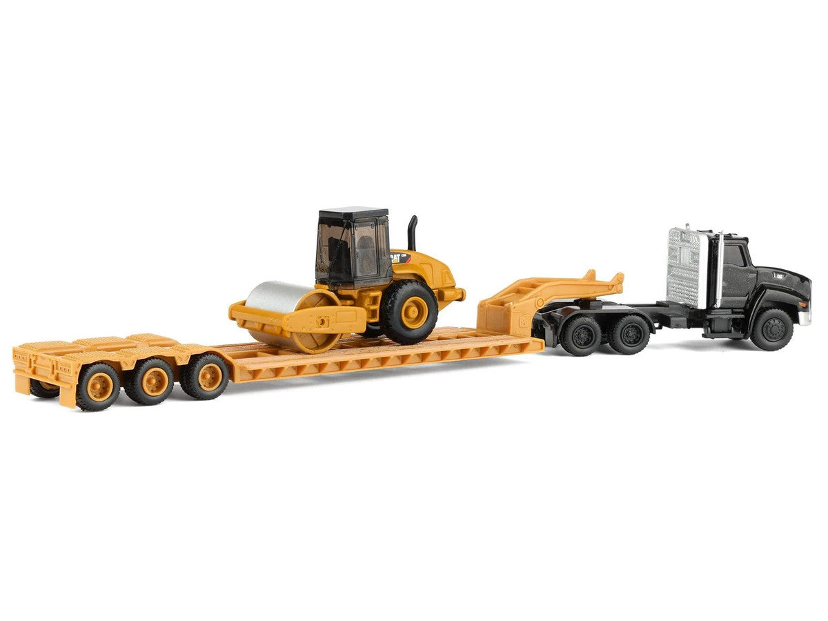 Kenworth T880 Tractor Black with Lowboy Trailer and CAT Roller Yellow 1/87 (HO) Diecast Model by Diecast Masters-0