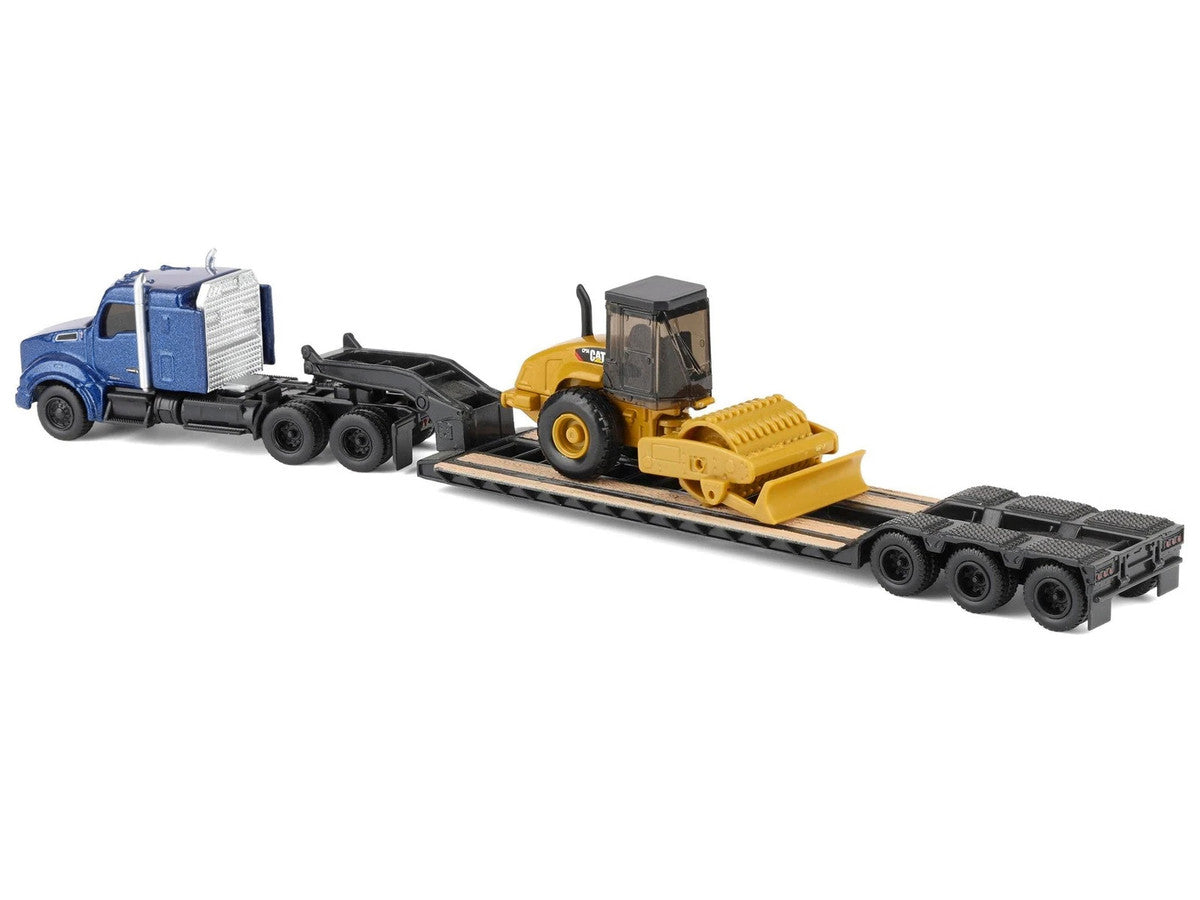 Kenworth T880 Tractor Blue Metallic with Lowboy Trailer and CAT Padfoot Roller Yellow 1/87 (HO) Diecast Model by Diecast Masters-1