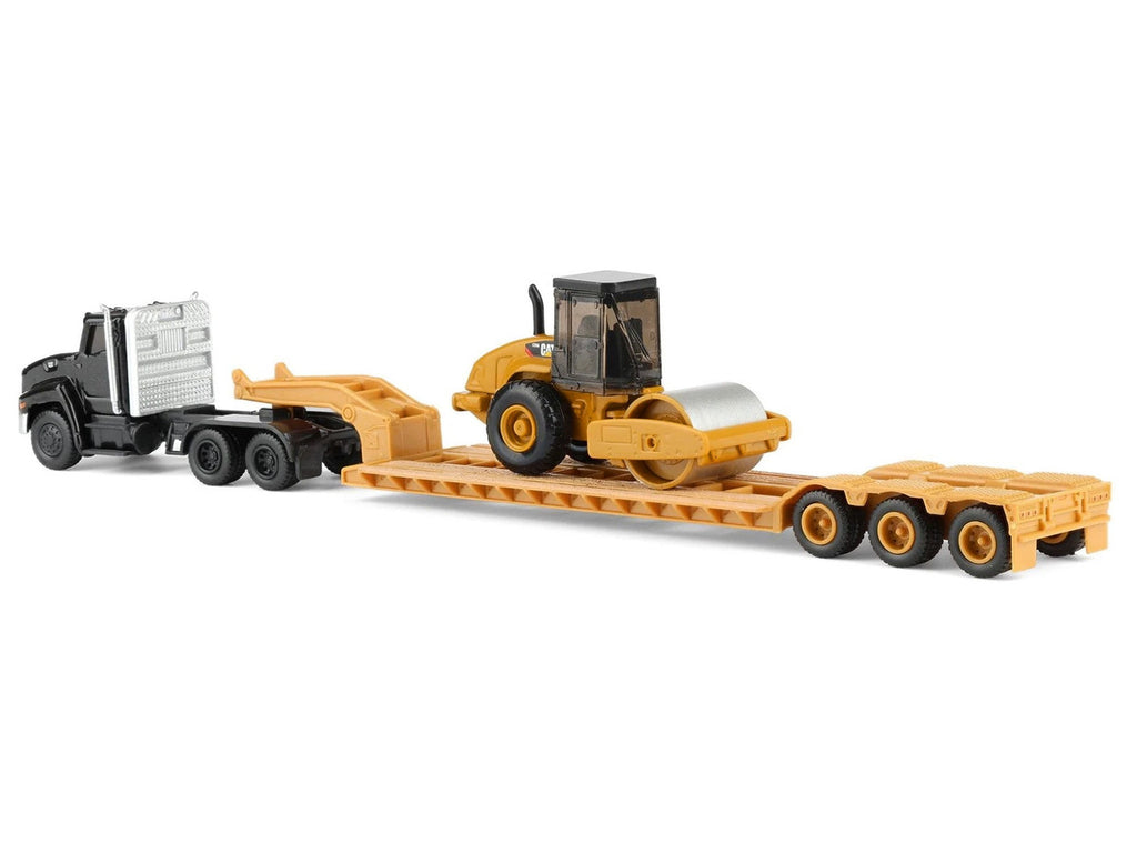 Kenworth T880 Tractor Black with Lowboy Trailer and CAT Roller Yellow 1/87 (HO) Diecast Model by Diecast Masters-3
